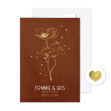Trouwkaart minimalistisch velvet lijnillustratie foliedruk